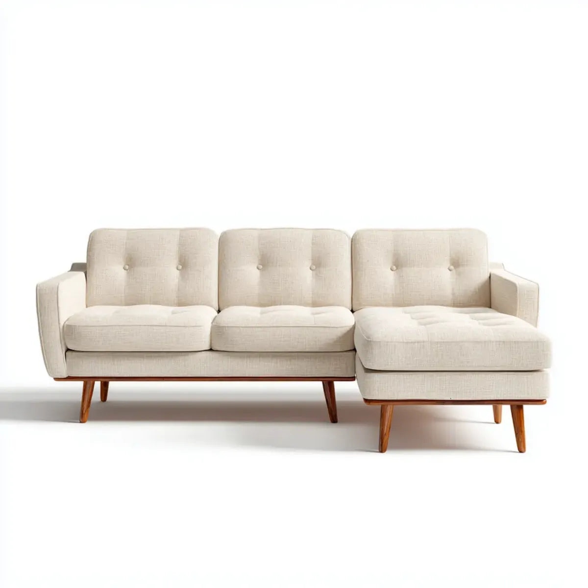 Sofa, 3 fotela narożna z szezlongiem po prawej 220 x 145 x 82 cm w poliestrze i litym drewnie