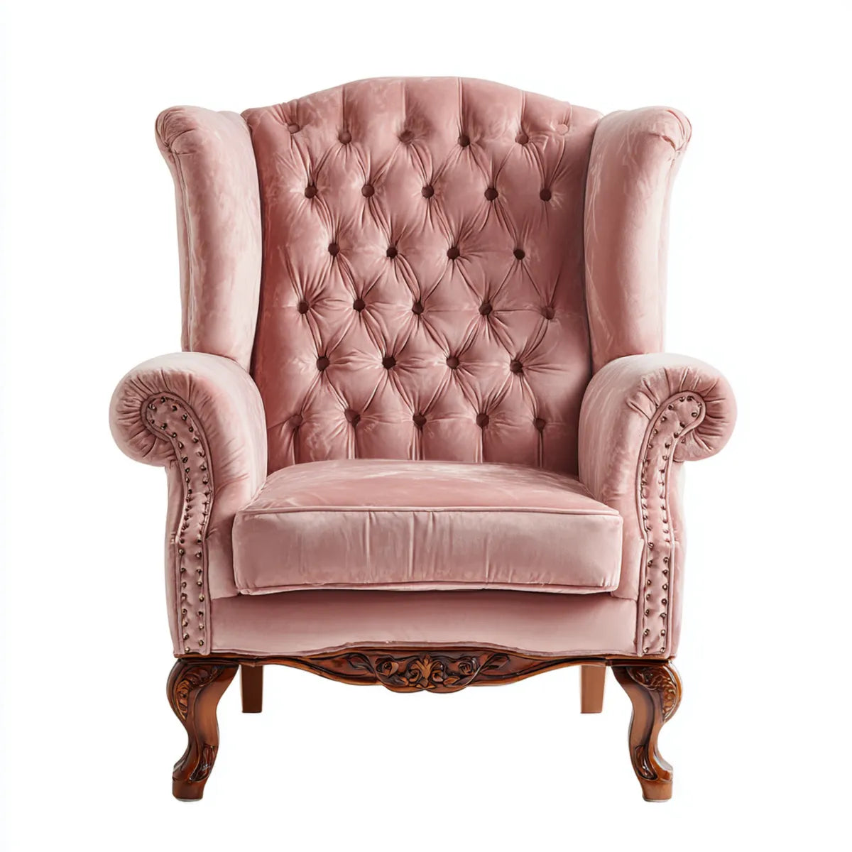 Fotel Chesterfield Pink 110 x 90 x 120 cm z tapicerką aksamitną i litymi nóżkami z drewna