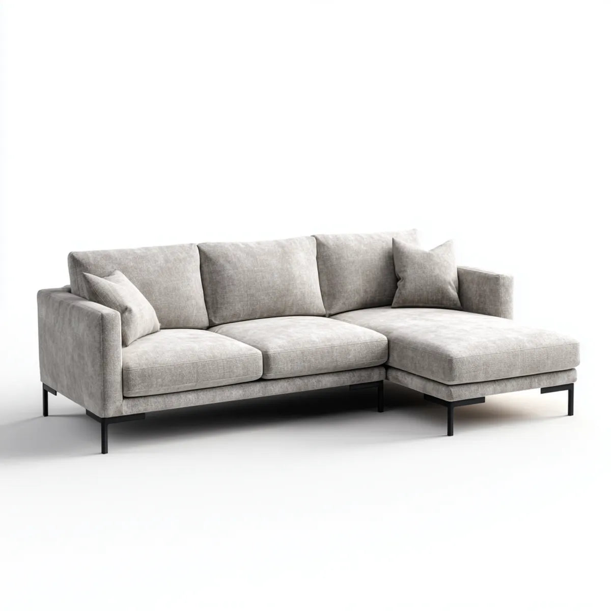 Sofa, 3 fotela z szezlongiem prostym jasnoszarym 250 x 160 x 85 cm poliestrowy kształt L