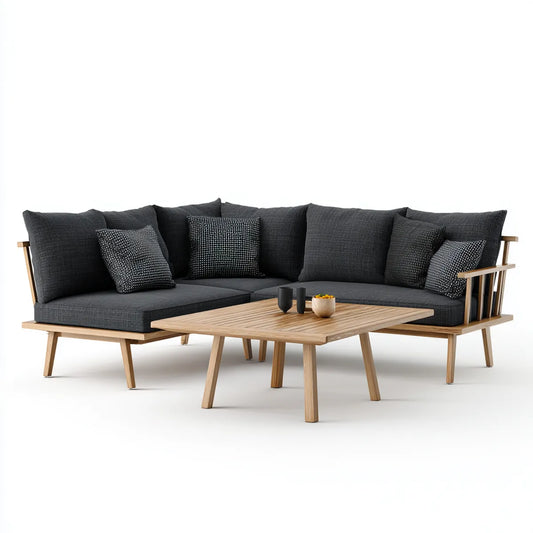 Sofa ogrodowa, Taras luneta narożna sofa Ciemnoszara naturalna 250 x 250 cm z drewna acacia i stolik kawowy 120 x 70 cm kształt litery L
