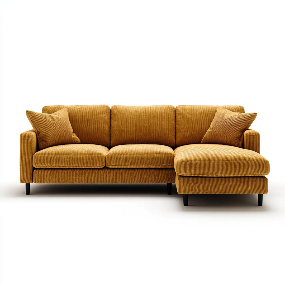 Sofa, 3 fotela w prawym rogu sofa musztarda w poliestrowym żebrowany aksamit 260 x 160 x 85 cm w L