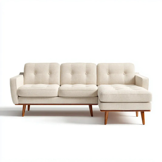 Sofa, 3 fotela narożna z szezlongiem po prawej 220 x 145 x 82 cm w poliestrze i litym drewnie