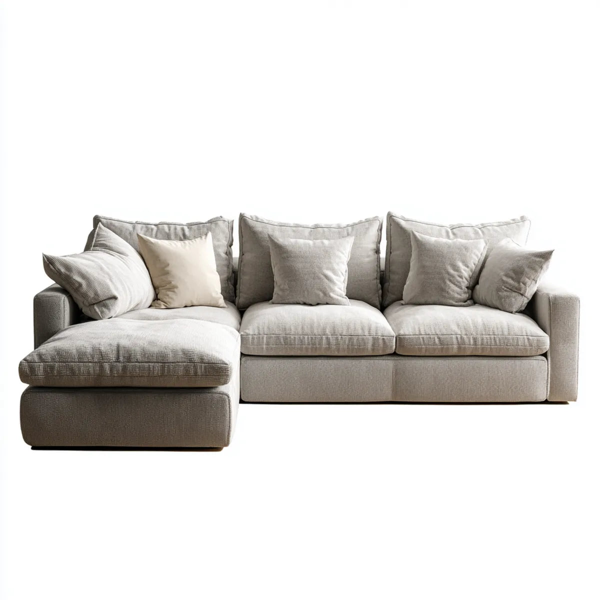 Sofa, 3 fotela beżowy szary poliester z szezlongiem lewo 280 x 165 x 84 cm