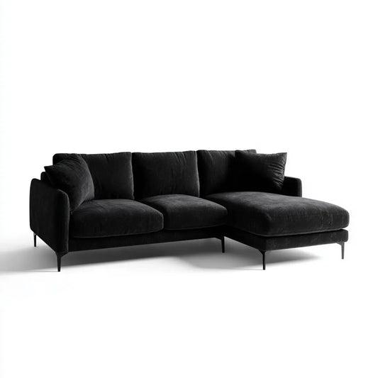 Sofa, 3 fotela narożna sofa z szezlongiem czarnym w kołnierzu żebrowanym aksamit 250 x 160 x 85 cm