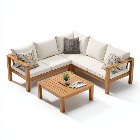 Sofa ogrodowa, Zestaw do salonu z kolorowym białym tarasem 200 x 200 cm od litego drewna acacia z poliestrową poduszką o kształcie L