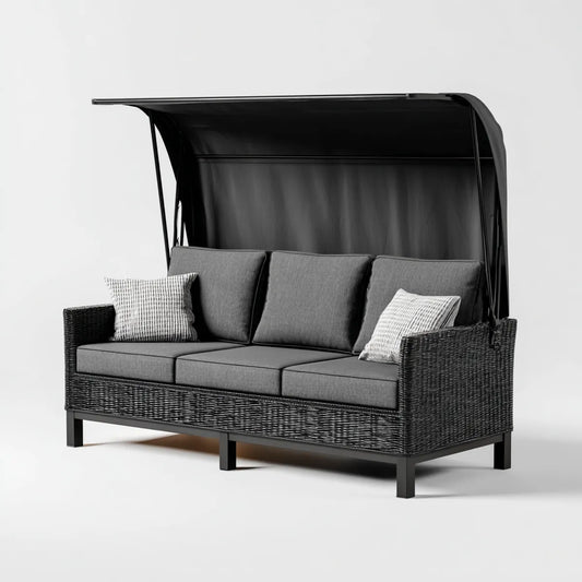 Sofa ogrodowa, 3-osobowy taras sofa czarny szarość z dachu słonecznego PE- rattan stali prostokątnej 200 x 80 x 200 cm
