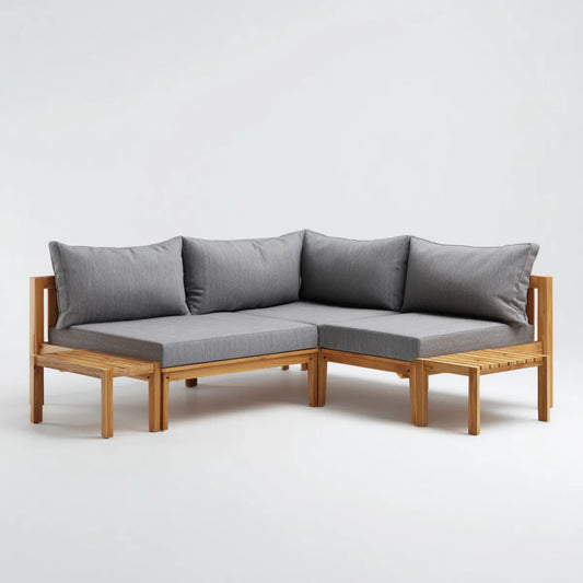 Sofa ogrodowa, Taras narożna sofa 4-osobowa szara naturalna z litego drewna acacia z poduszką poliestrową L kształt 200 x 200 x 75 cm