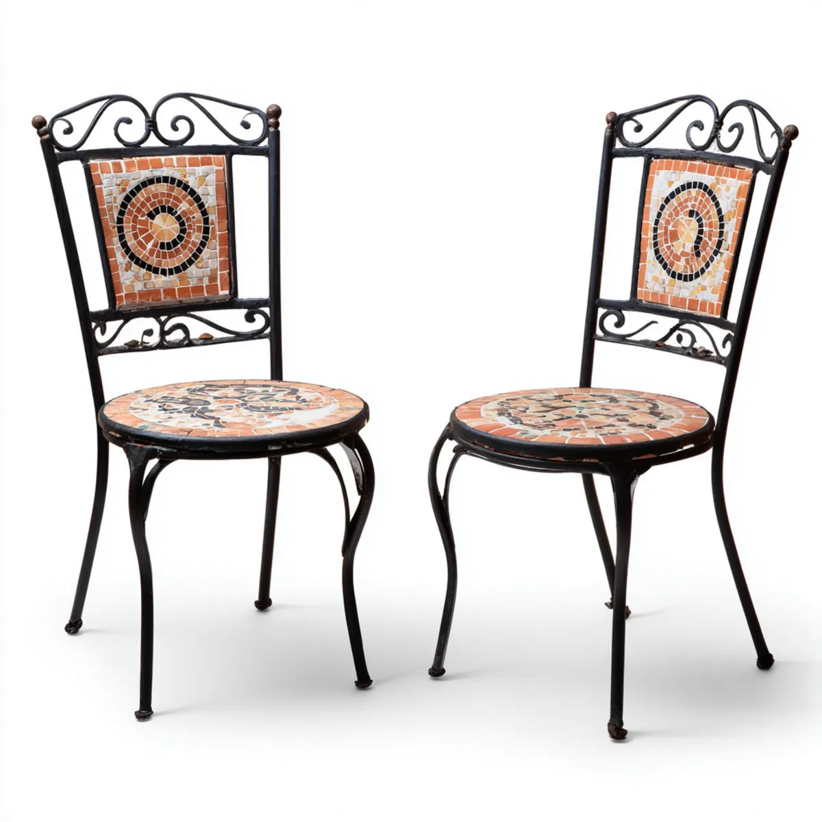 Krzesło do jadalni, Zestaw 2 krzeseł do gotowania z czarnego żelaza kutego z okrągłą mozaiką ceramiczną 40 x 45 x 100 cm