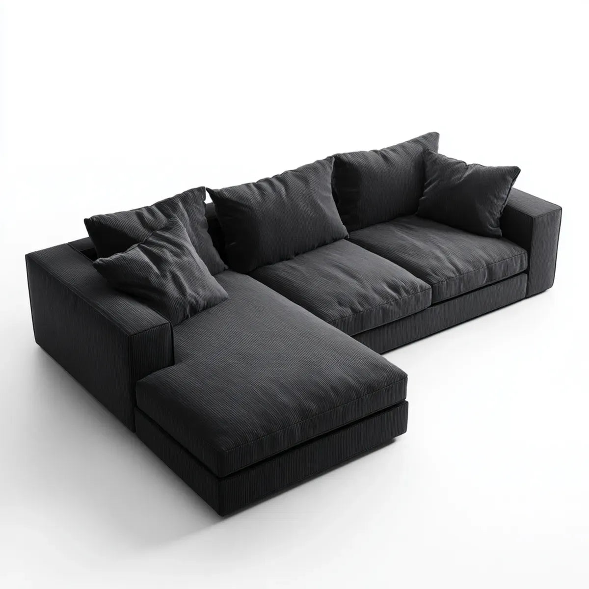 Sofa, 4 fotele czarny narożnik sofa w poliestrowy żebrowany aksamit 280 x 180 x 85 cm z lewym szezlongiem