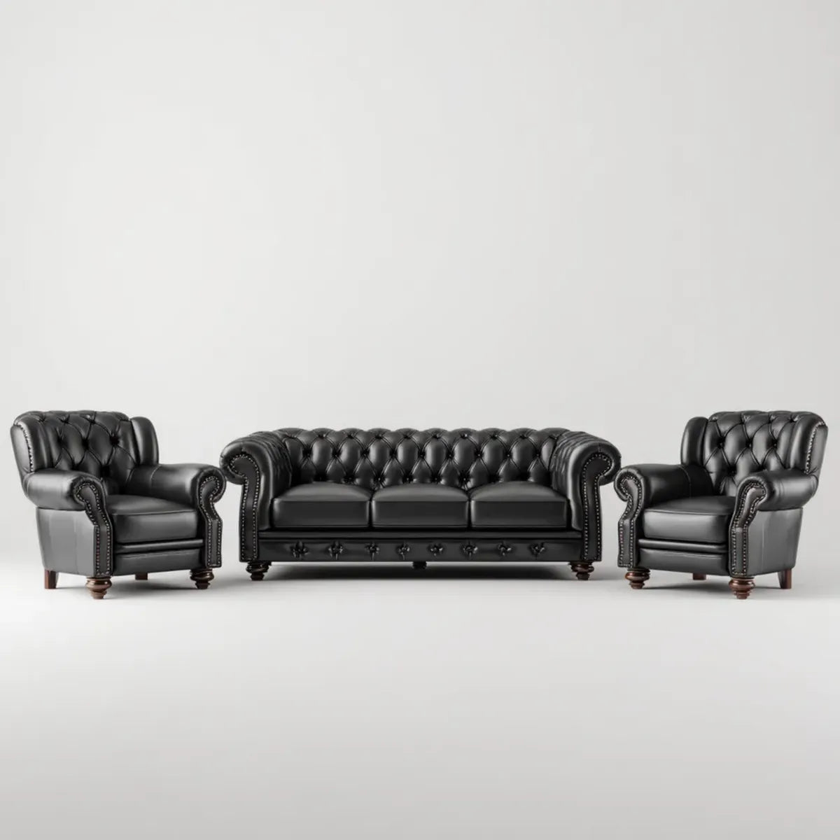 Sofa, Zestaw kanapy Chesterfield 3 fotele i 2 czarne skórzane fotele PU tapicerowane 210 x 90 x 78 cm