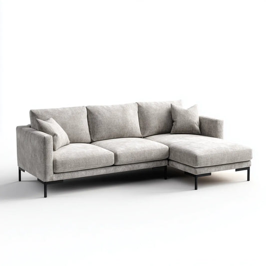 Sofa, 3 fotela z szezlongiem prostym jasnoszarym 250 x 160 x 85 cm poliestrowy kształt L