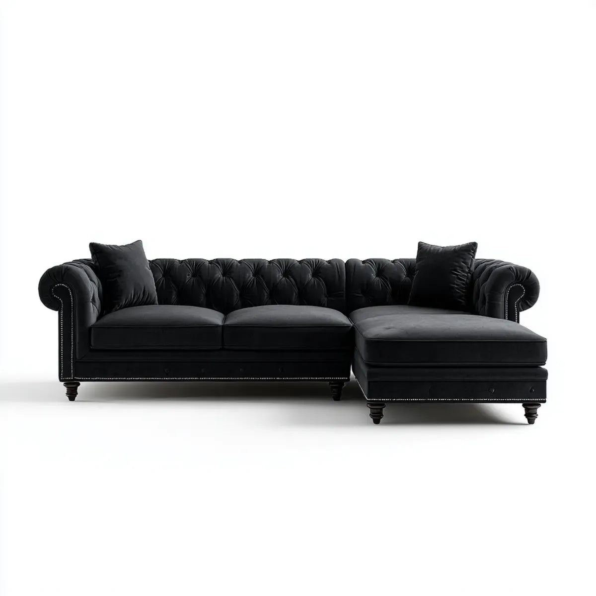 Sofa, Chesterfield 3 fotela czarna sofa 275 x 165 x 76 cm poliester aksamitny kształt L