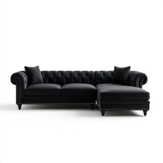 Sofa, Chesterfield 3 fotela czarna sofa 275 x 165 x 76 cm poliester aksamitny kształt L
